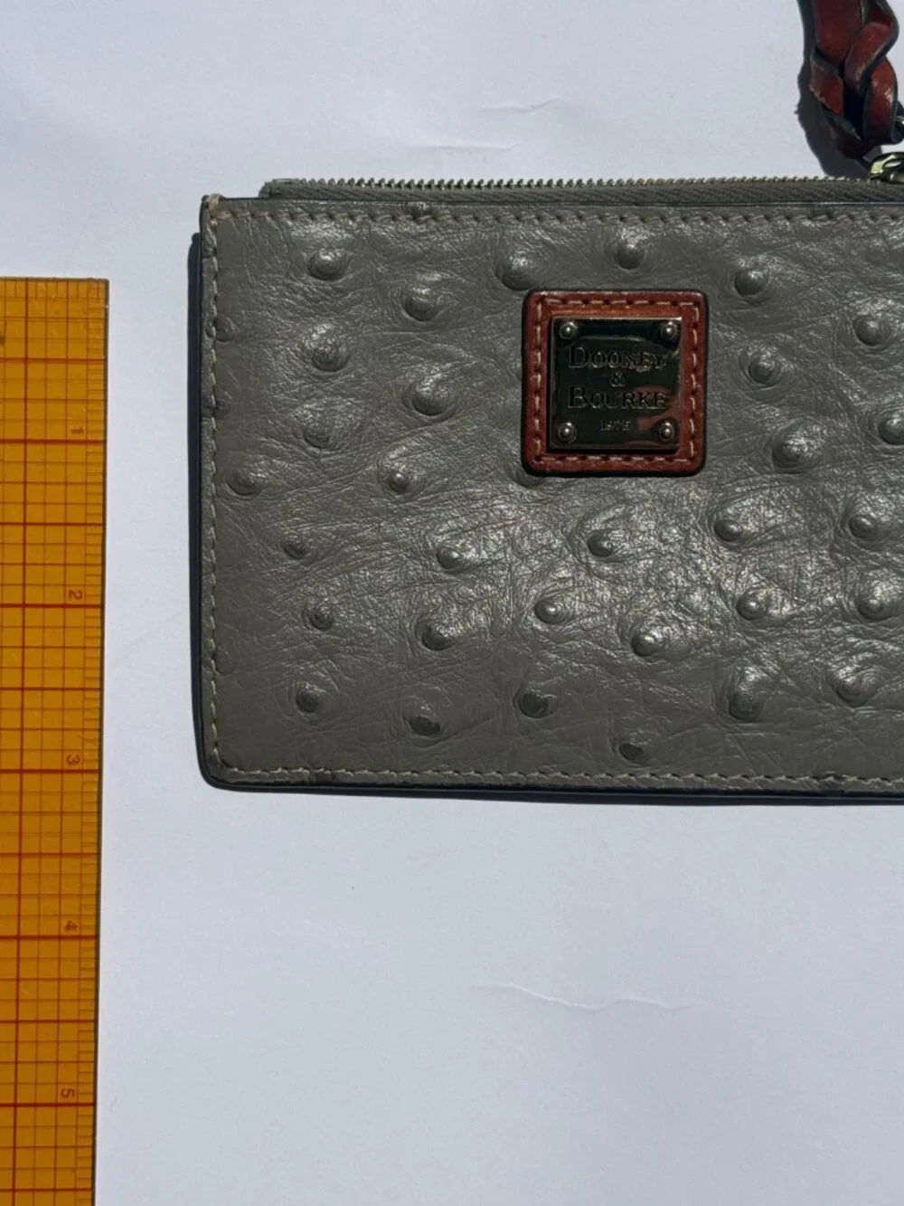 Dooney & Bourke Grey Ostrich-Embossed Zip Card Case with Gold Plaque